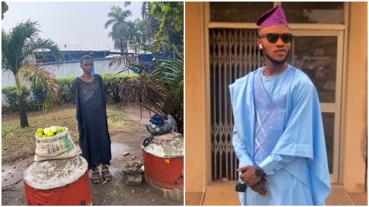 A collage of the orange seller and the Nigerian man. Photo source: Twitter/Okikiola