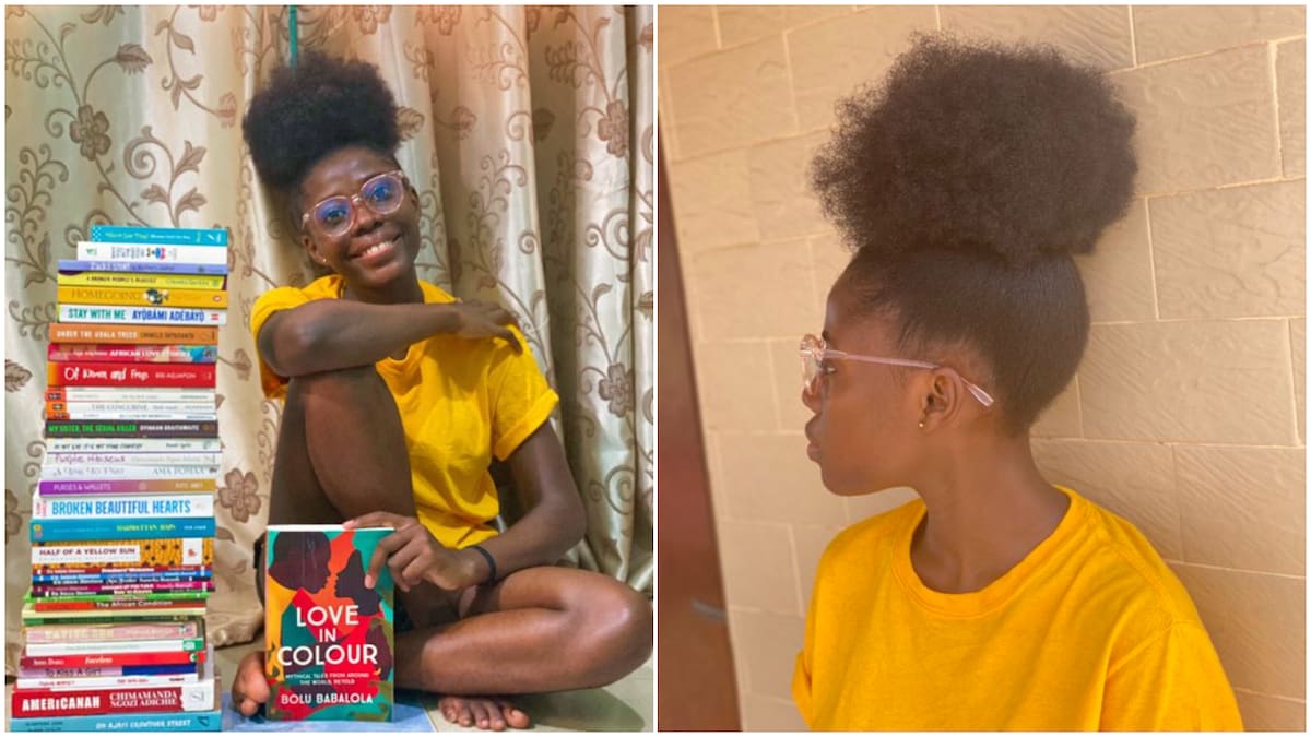 Beautiful Nigerian lady poses with books she read in 2020, photos go viral