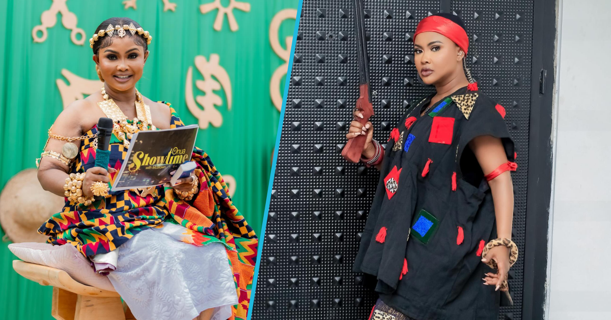 Nana Ama McBrown rocks warrior clothes for Onua Showtime, many gush over her beauty: "Yaa Asantewaa"