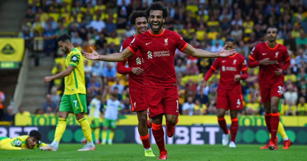 Mohamed Salah of Liverpool celebrates after scoring the third goal during the Premier League match between Norwich City and Liverpool at Carrow Road on August 14, 2021 in Norwich, England. (Photo by John Powell/Liverpool FC via Getty Images)