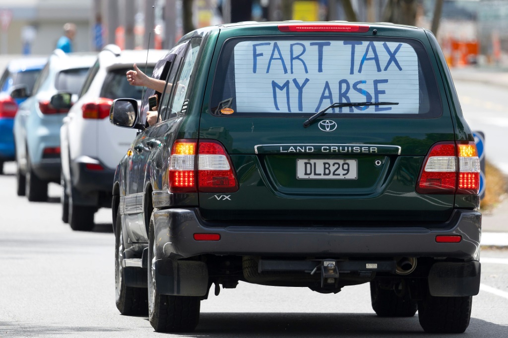 A sign in a vehicle during a protest against the government's plans to tax emissions from farm animals in Wellington on October 20, 2022.
