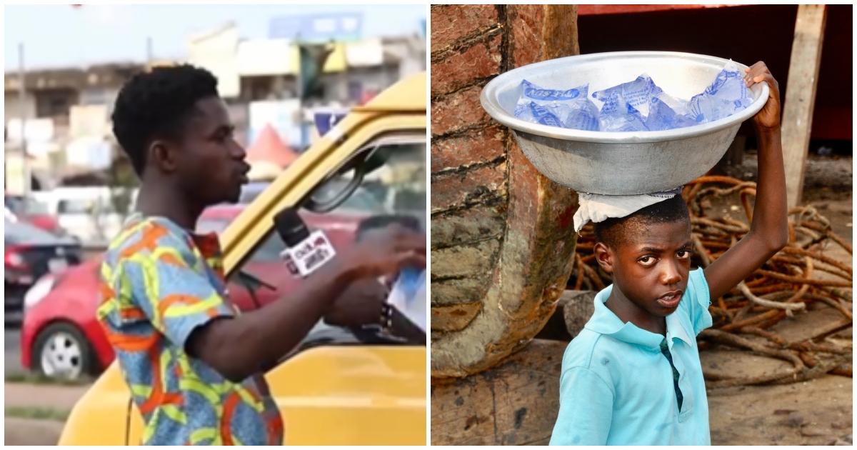 Photos of a young man lamenting the increase in pure water prices and a boy selling sachet water