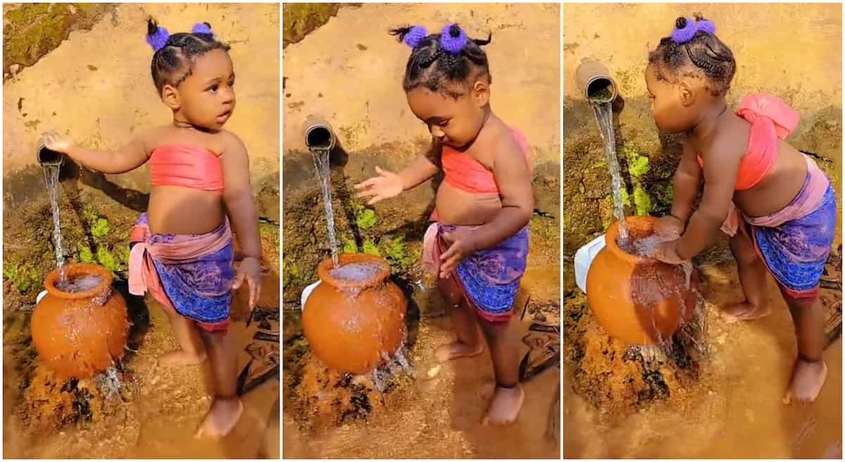 Photos of a girl fetching water with a brown clay pot.