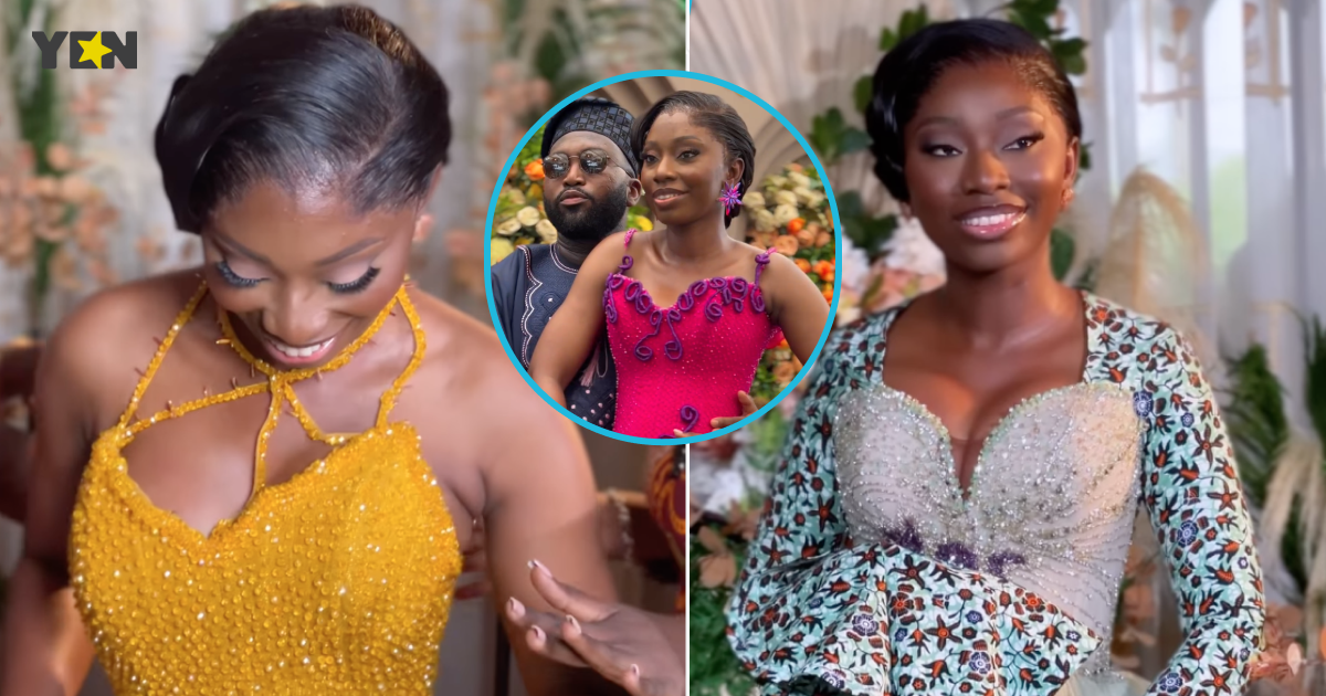 Ghanaian bride with slim waist rocks 2 breathtaking kente gowns by male fashion designers for her wedding