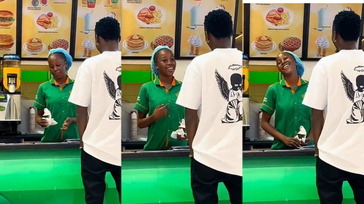 Young man walks into ice cream shop, buys one for attendant
