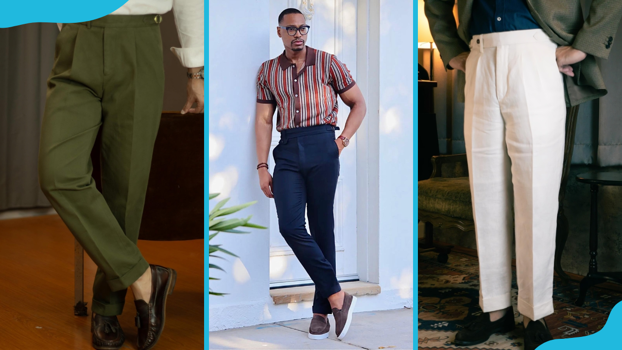 Three variations of the men's high waist trouser.