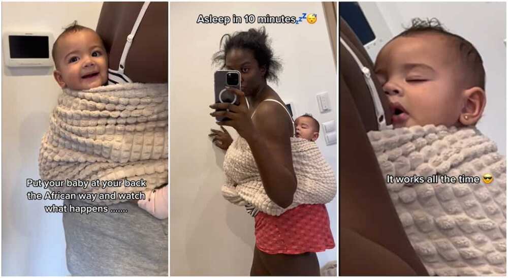 Photos of a mother carrying her baby on her back.