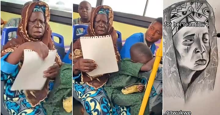 Artist makes portrait of bus passenger, woman shocked