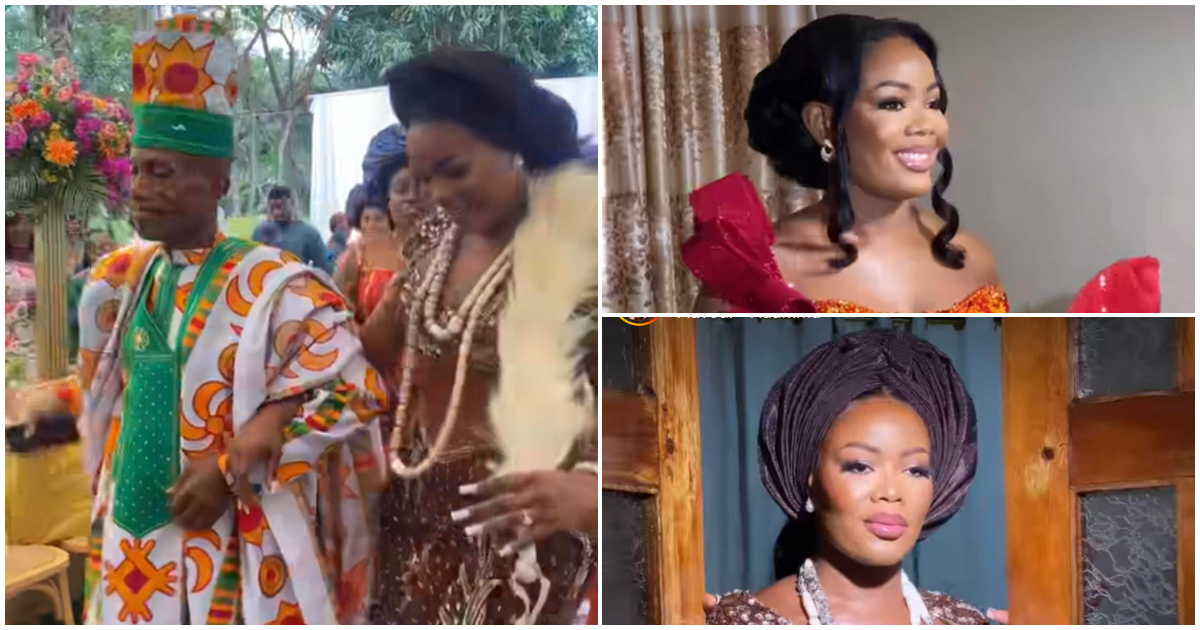 A pretty Nigerian bride married to a Ghanaian groom looks regal in aseobi and corseted kente gowns