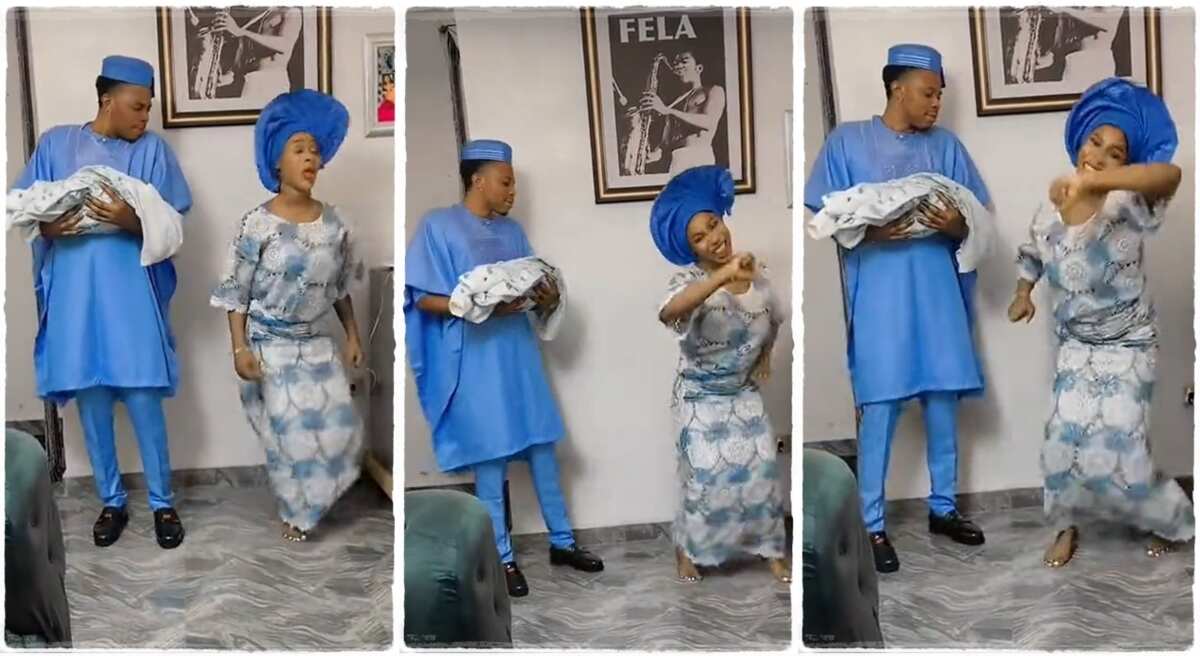 Nursing mum leaves baby for her husband, dances impressively in viral video: "She is from trenches"