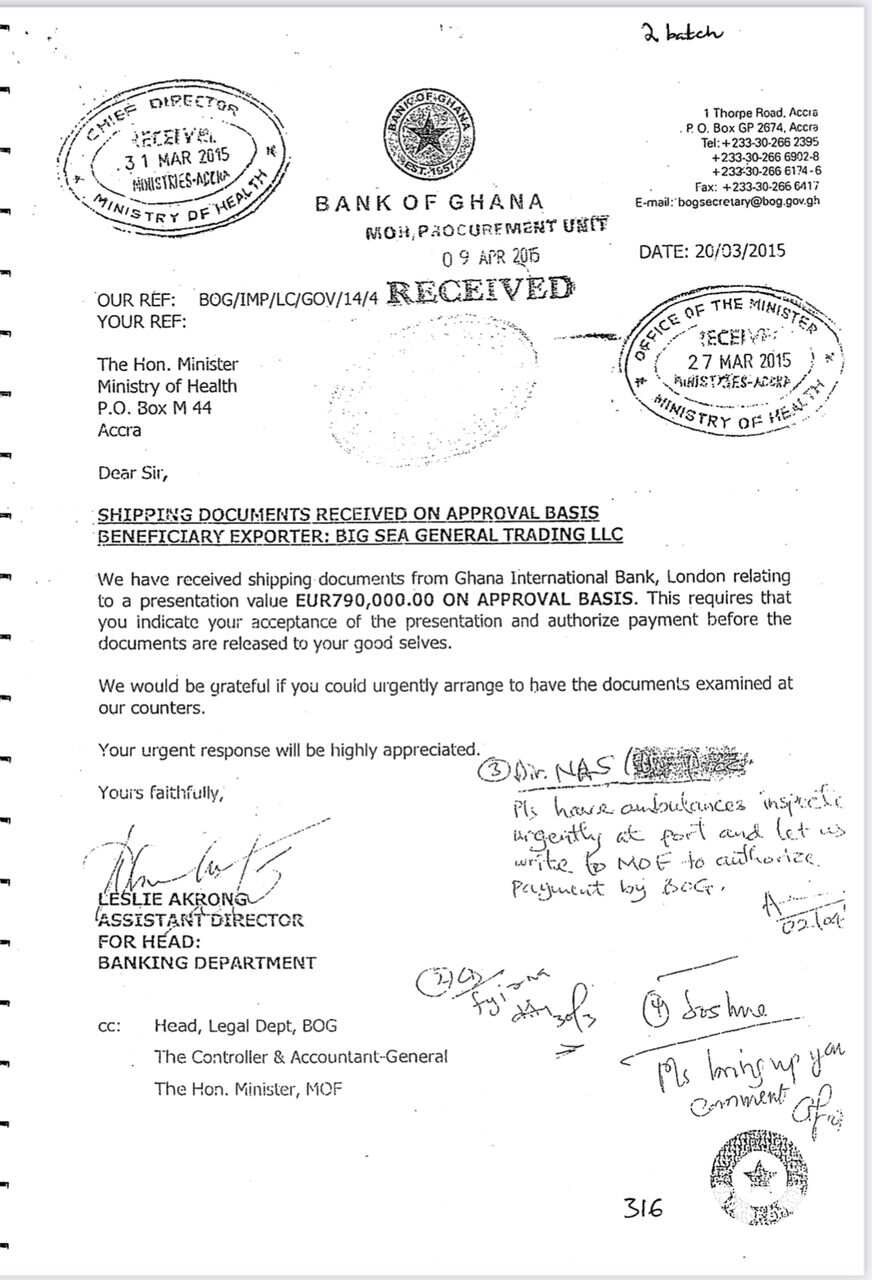The BoG letter revealed that it was the Health Ministry that authorised the payment of the ambulances