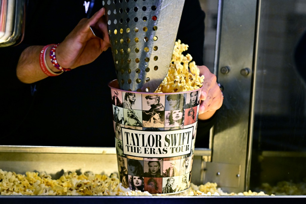 A tub of popcorn in US singer Taylor Swift's merchandise is pictured during the "Taylor Swift: The Eras Tour" concert movie world premiere at AMC Century City theatre