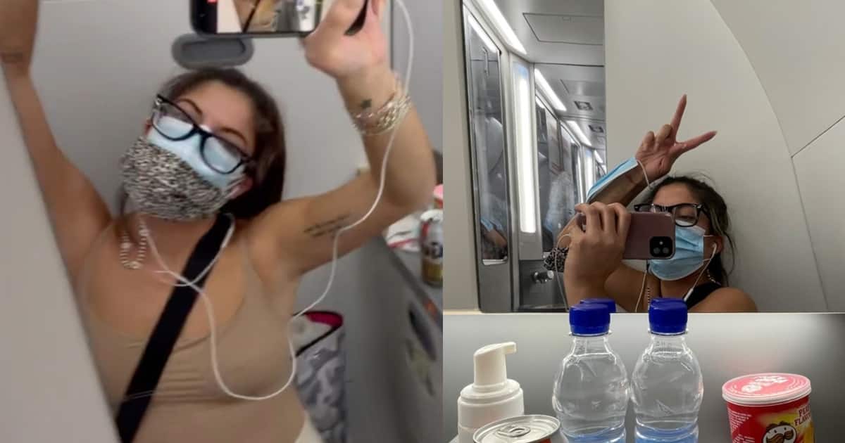 Teacher Marisa Fotieo spends 5 hours in airplane bathroom after testing positive for covid-19 mid-flight.