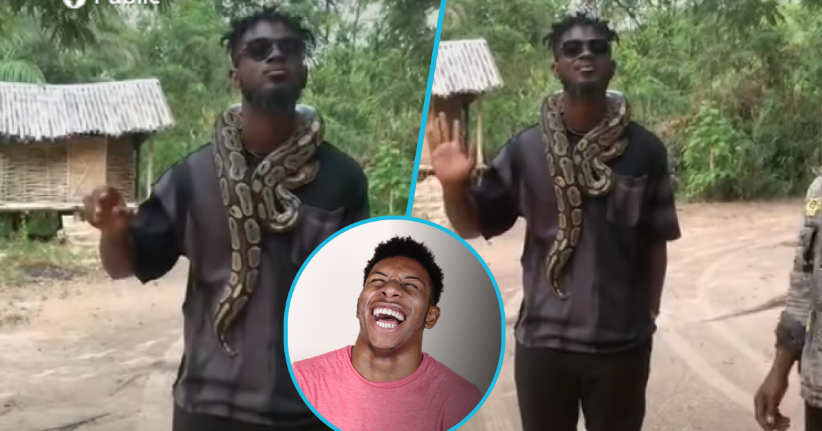 Man in fear over snake around his neck.