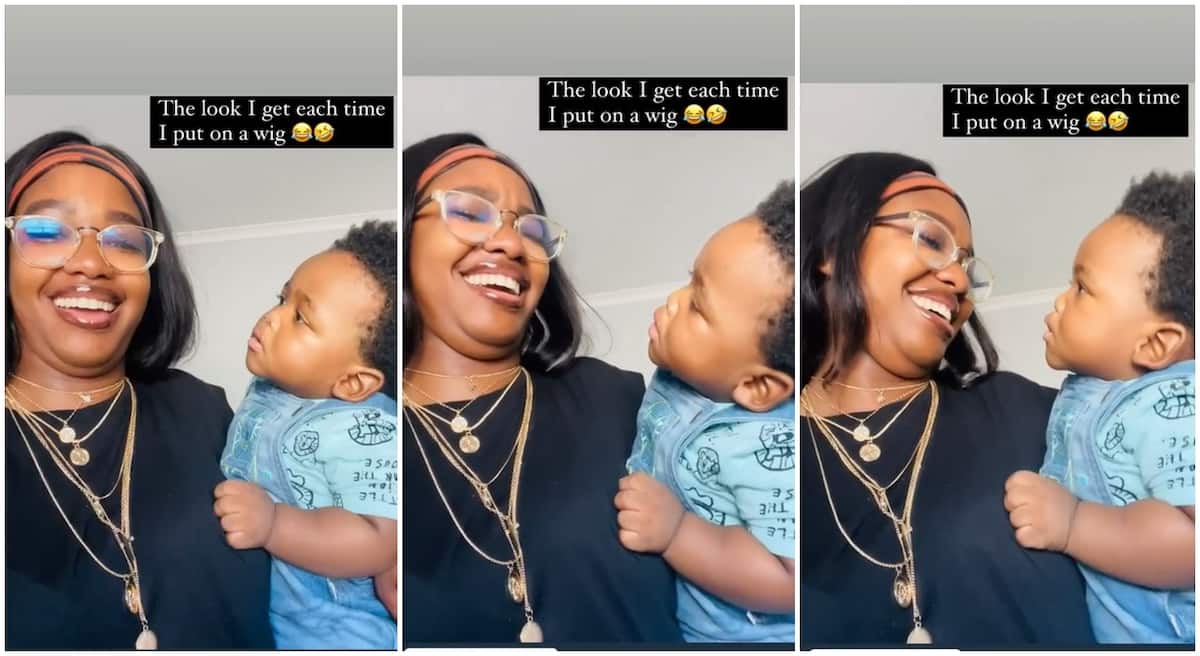 Photos of a boy looking at his mother after she wore wig.