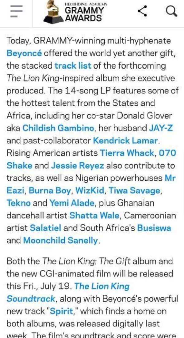 Shatta Wale’s name appears on Grammy Awards website after Beyoncé collaboration