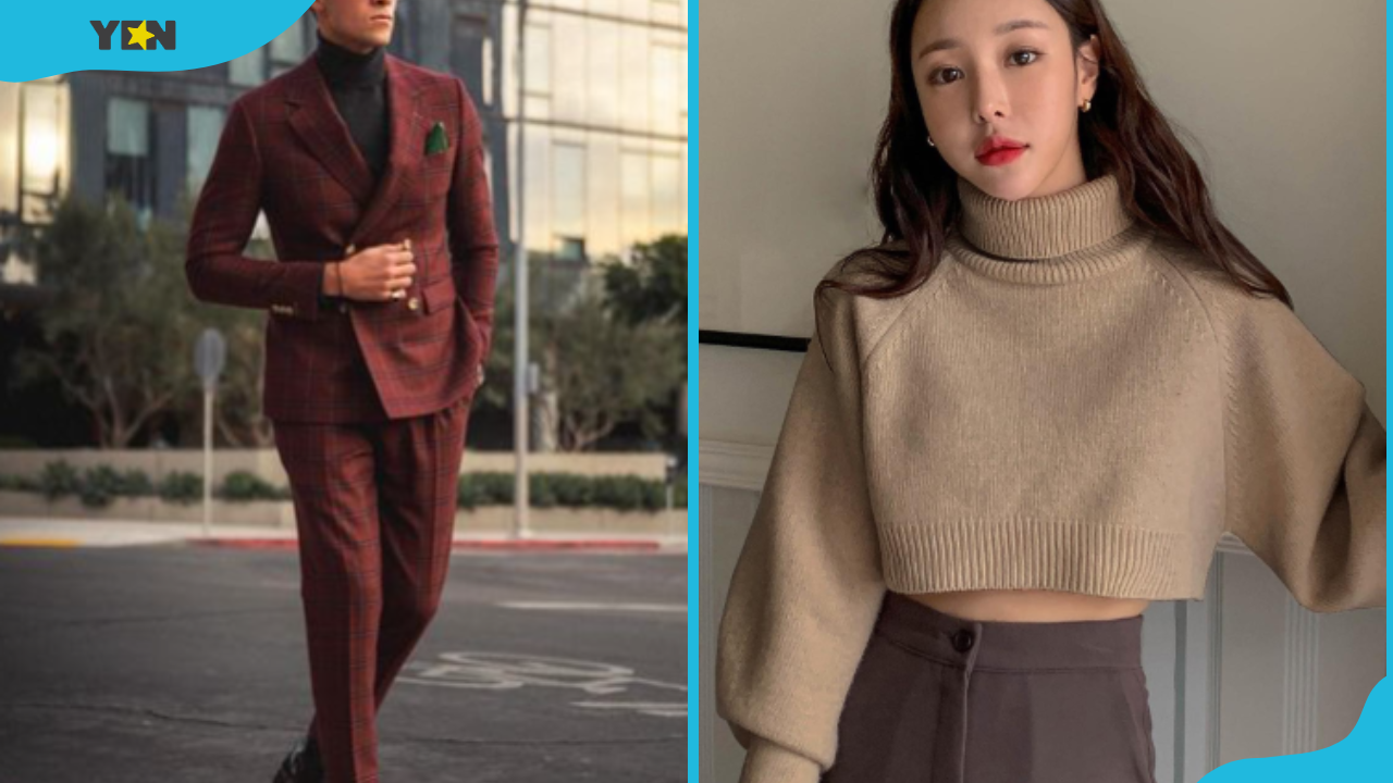 A man wearing a turtleneck sweater in a suit (L) and a woman in a turtleneck raglan sleeve crop sweater (R)
