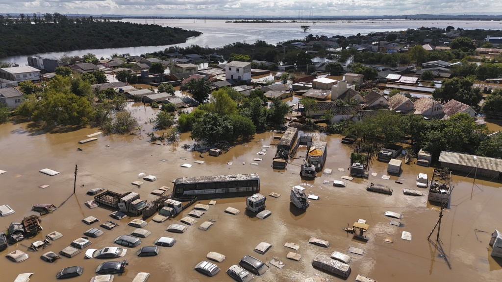 Aerial view of floods in Eldorado do Sul, Rio Grande do Sul state, Brazil, taken on May 9, 2024