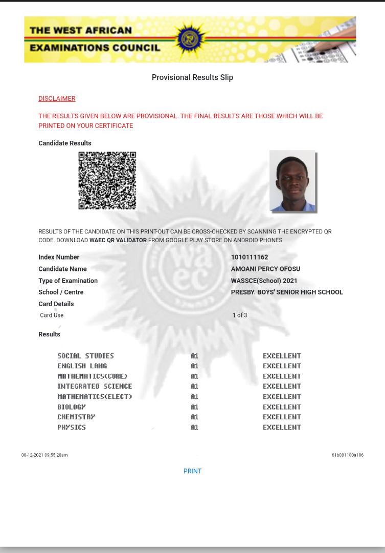 Percy Amoani's WASSCE results