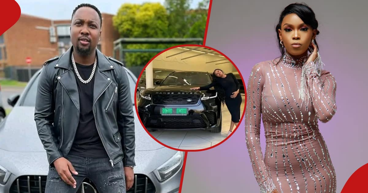 The left frame shows Fidelis Moema sitting on the hood of a Merced Benz and in the right frame his baby mama Sthe Bhengu poses for a photo. The inset shows Bhengu with her hand on the hood of the Range Rover Fidelis bought her.