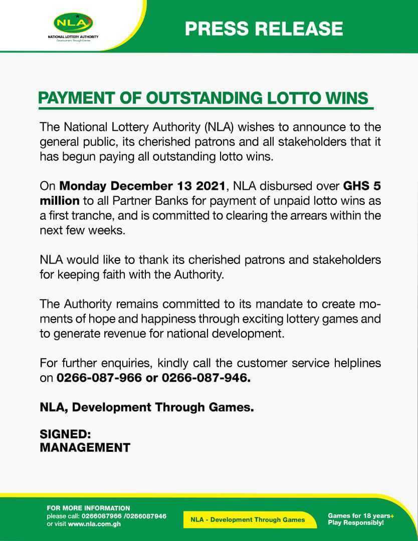 NLA Begins Payment of all Outstanding Lotto wins