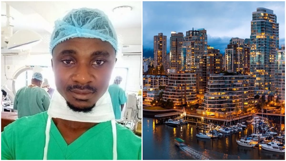 A collage of the Nigerian man whose friend is in Canada and an illustrative Candian city picture: Photo source: Twitter/@DoctorEmto/HuffPost