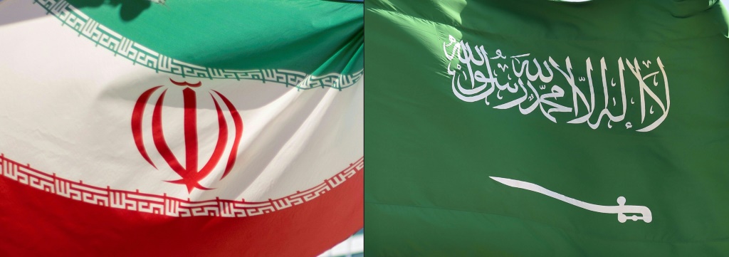 A combination of pictures shows an Iranian flag (L) and the flag of Saudi Arabia (R) -- the two regional rivals have not had diplomatic relations since 2016
