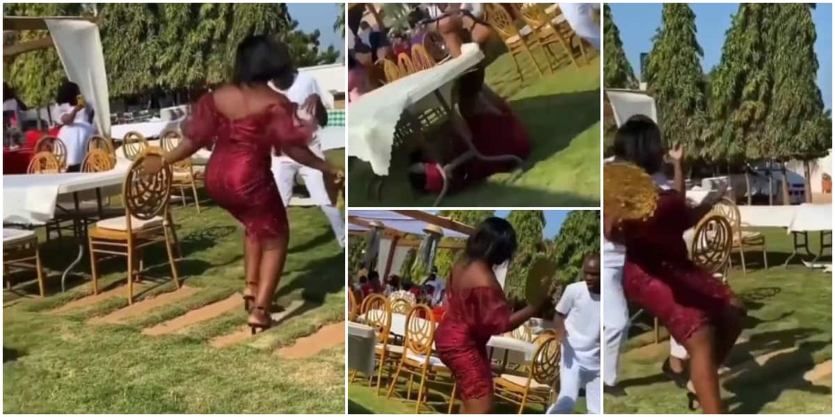 Reactions as lady on heels crashes to ground while dancing, fires dance as she gets back up