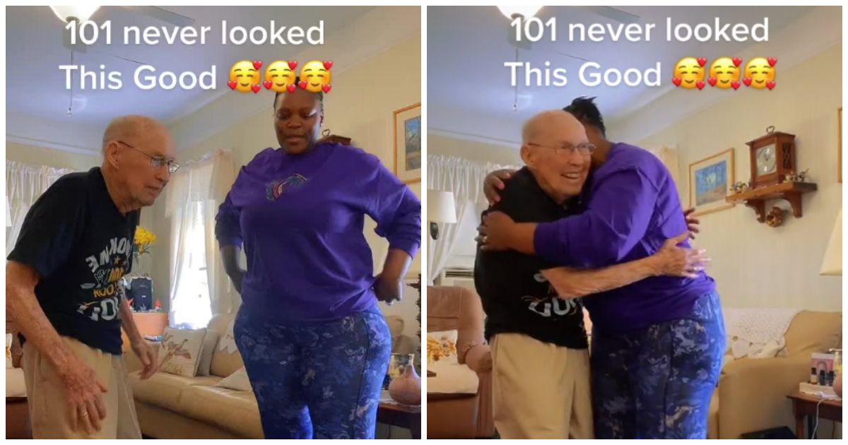 101-year-old man dancing with woman who has beautiful body