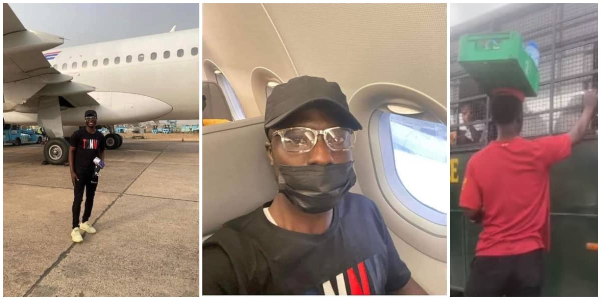 Video emerges as viral Lagos bottled water hawker boards aeroplane for the first time