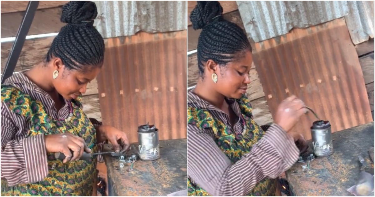 Young Ghanaian lady shows off her craft as a mechanic in cute video, peeps gush over her beauty and energy
