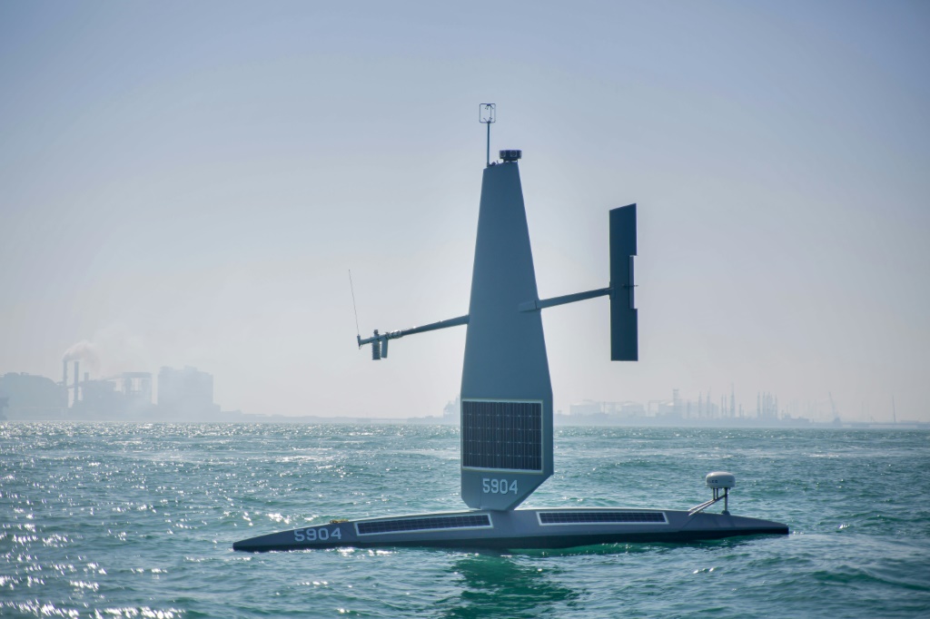 A US Navy Saildrone Explorer unmanned surface vessel (USV) or naval drone in the Arabian Gulf off Bahrain’s coast.