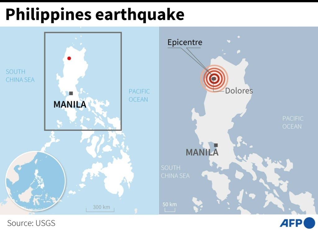 Map locating the epicentre of a magnitude 6.4 earthquake recorded in the northern Philippines on October 25, 11 km east of the city of Dolores
