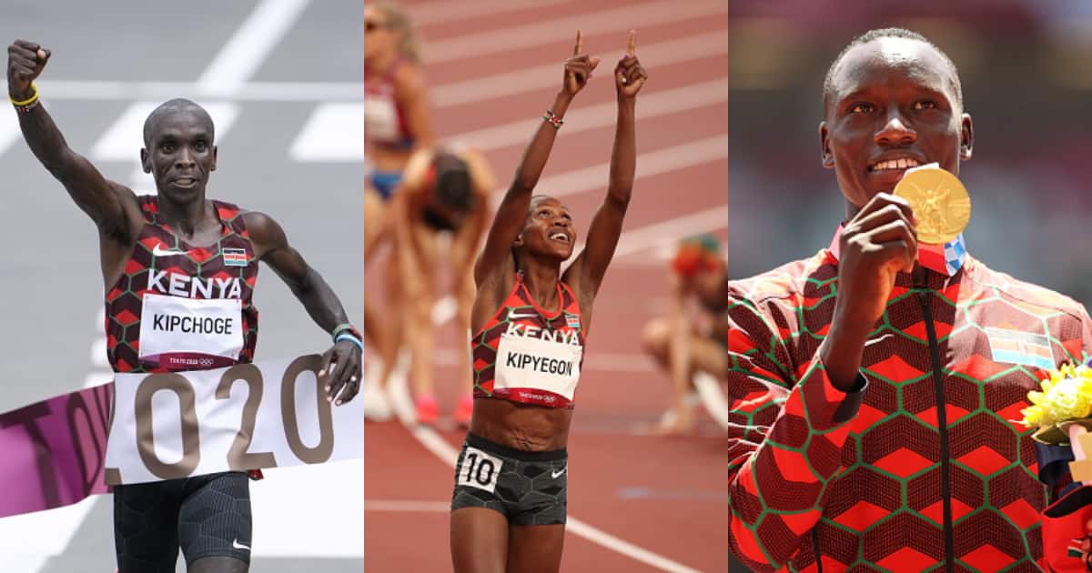 Eliud Kipchoge, Faith Kipyegon, and Emmanuel Korir during the 2020 Tokyo Olympics. Photos by Tim Clayton, Michael Steele, and Ramsey Cardy.