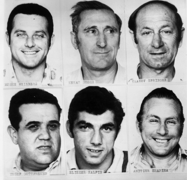 Six of the 11 Israeli Olympic team members who were killed in the attack in Munich, Germany on 1972, (top L-R) trainer Moshe Weinberg and officials Kehat Schur and Yakov Springer, (bottom (L-R) official Yosef Gottfreund, wrestler Eliezaar Halfen, and official Amitzur Shapira