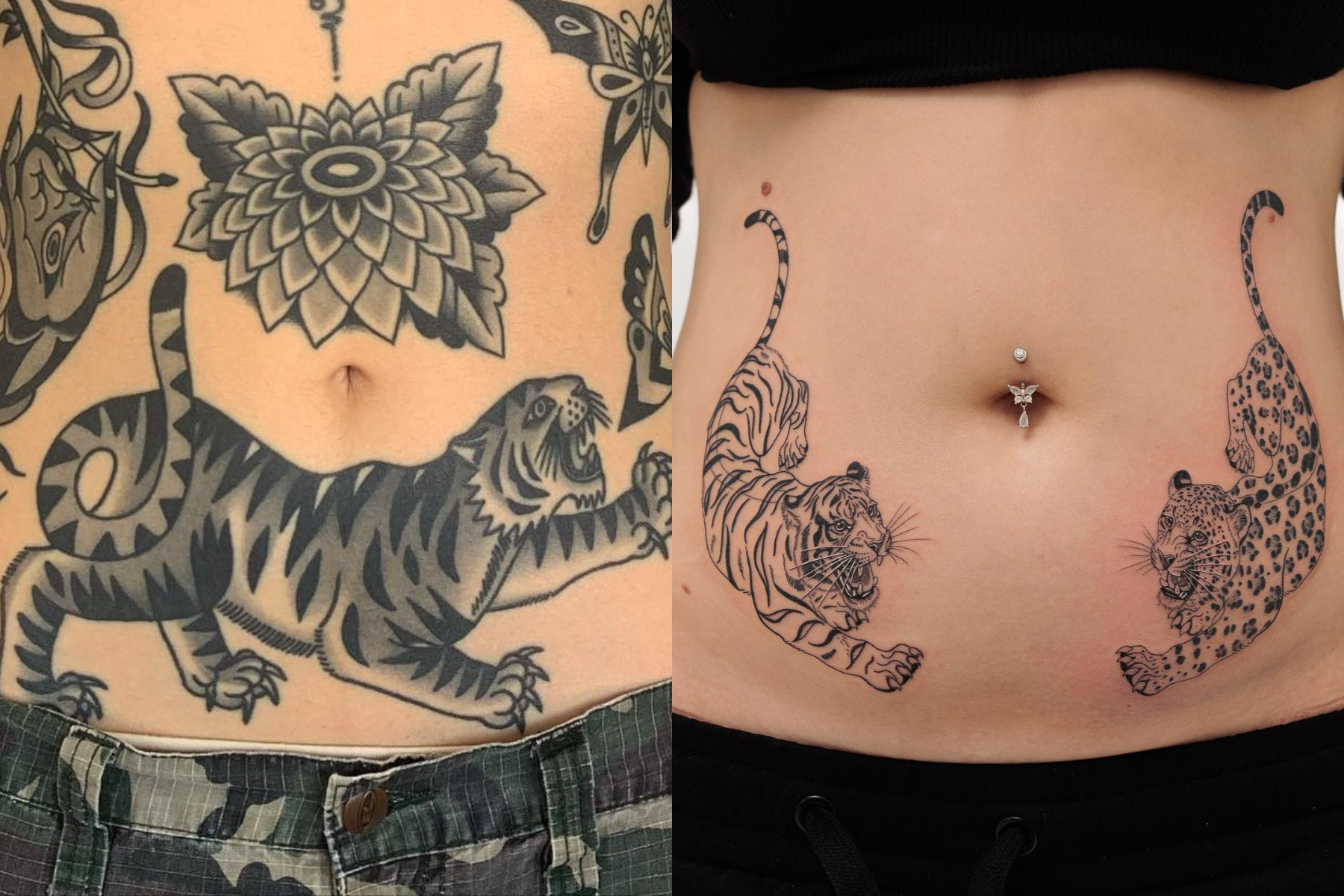 A woman with a black tiger tattoo (L) and another with a tiger and jaguar tattoo (R)