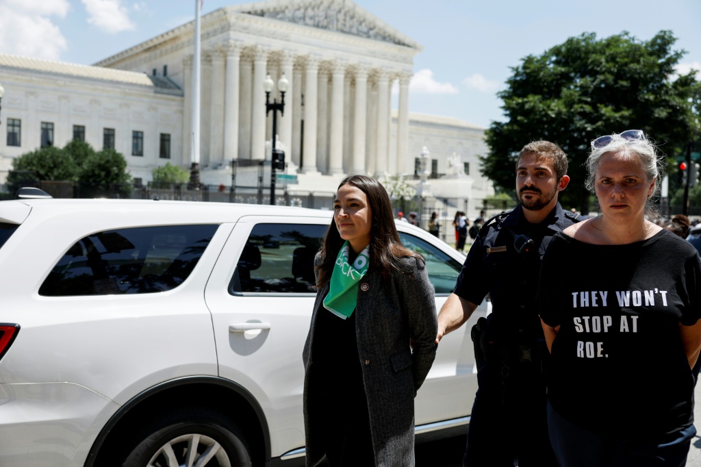 Democratic Representative Alexandria Ocasio-Cortez of New York was one of 17 lawmakers detained by US Capitol Police Officers at a protest for abortion rights in front of the US Supreme Court Building on July 19, 2022 in Washington, DC