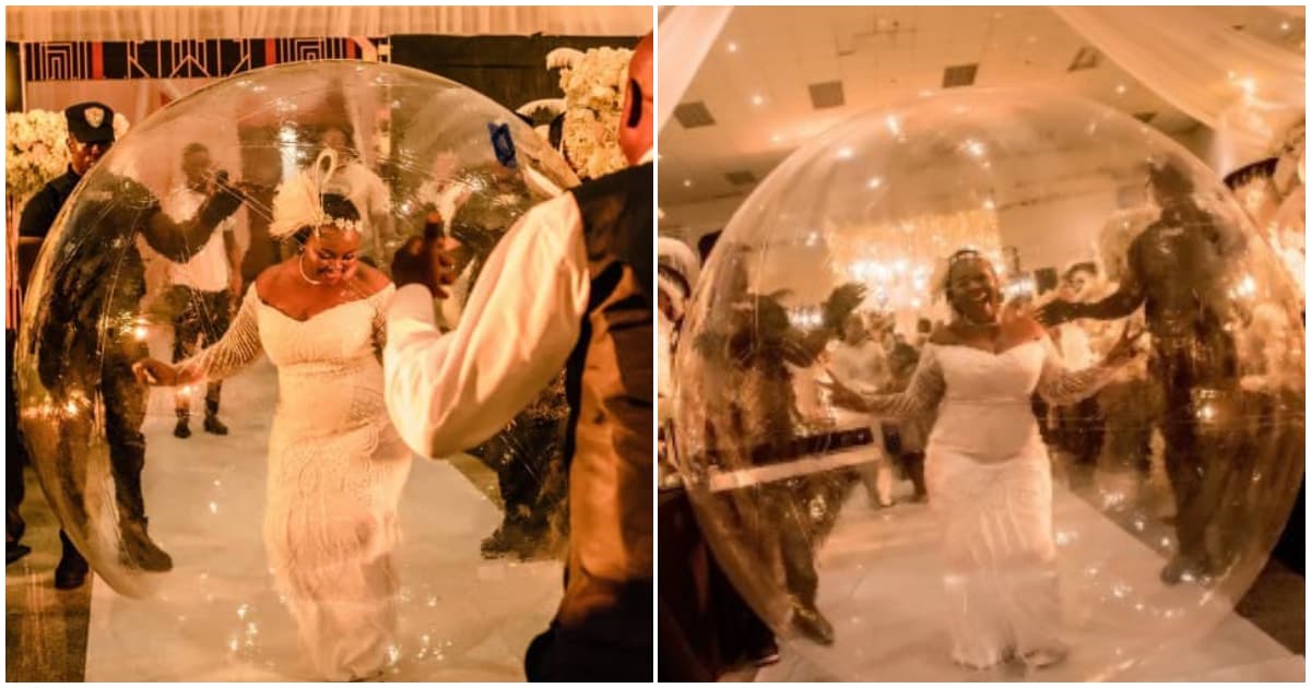 Nigerian woman makes grand entrance into her wedding anniversary with giant inflatable balloon (photos)