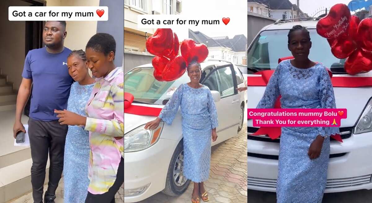 Photos of a mother receiving a car gift.