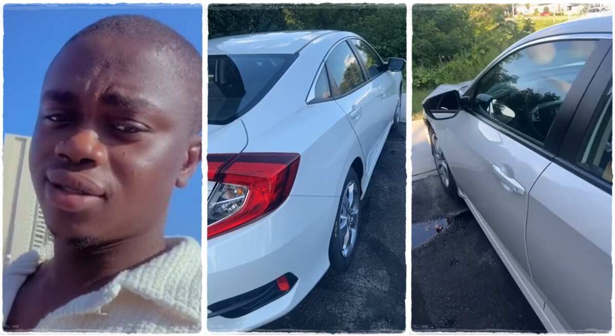Photos of Abwire, a Nigerian man who bought a Honda Civic in Canada.