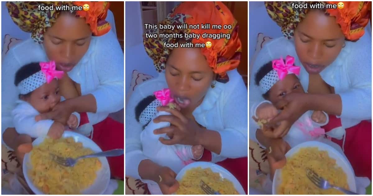 Baby's grip, mum and baby vide, baby drags food with mum, Nigerian mum drgas food with her baby