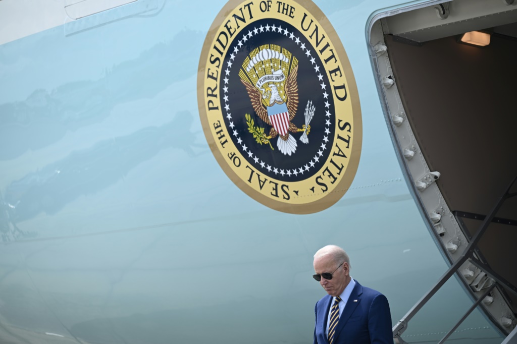 US President Joe Biden disembarks from Air Force One in South Carolina ahead of his latest factory visit to tout 'Bidenomics'