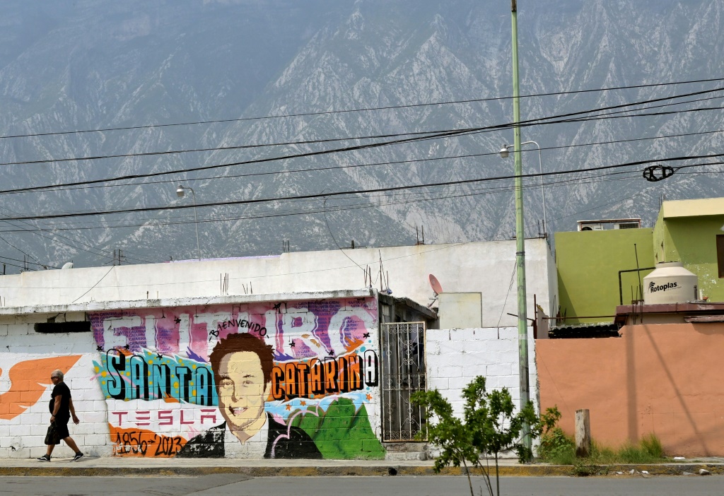 A man walks past a mural depicting Tesla boss Elon Musk in Monterrey, where construction on the electric car maker's new factory appears to be delayed