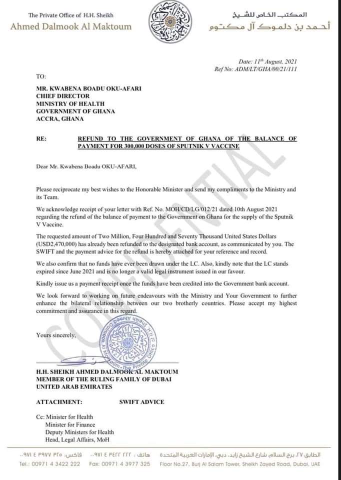 Sheikh Al Maktoum finally refunds the US$2.4m meant for Sputnik V vaccine to Ghana