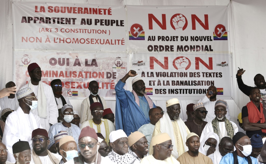 Thousands called for tougher laws against homosexuality at a protest in Dakar in February under banners saying, 'No to homosexuality. No to the new world order project'