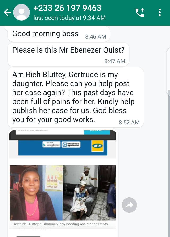 Message from Gertrude Bluttey's mother