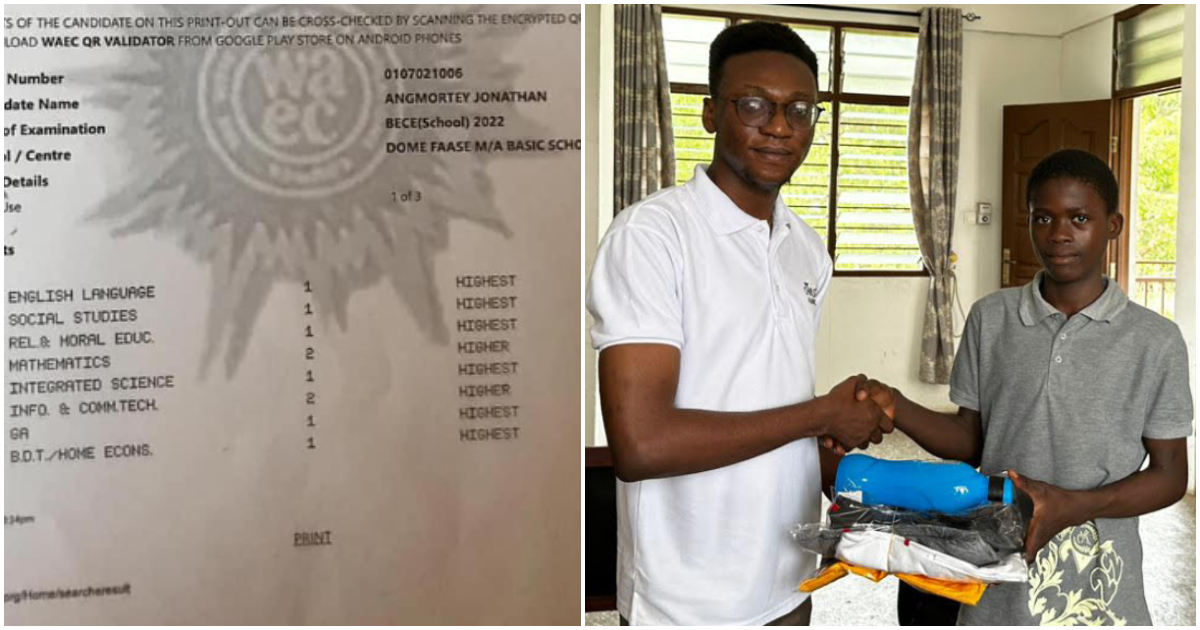Photo of Ghanaian orphan's BECE results and after he received help from charity.