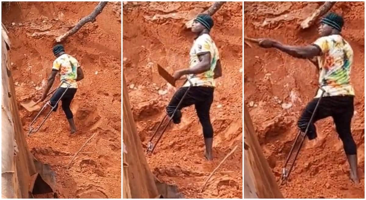 Photos of a disabled man who loads sand into tipper.