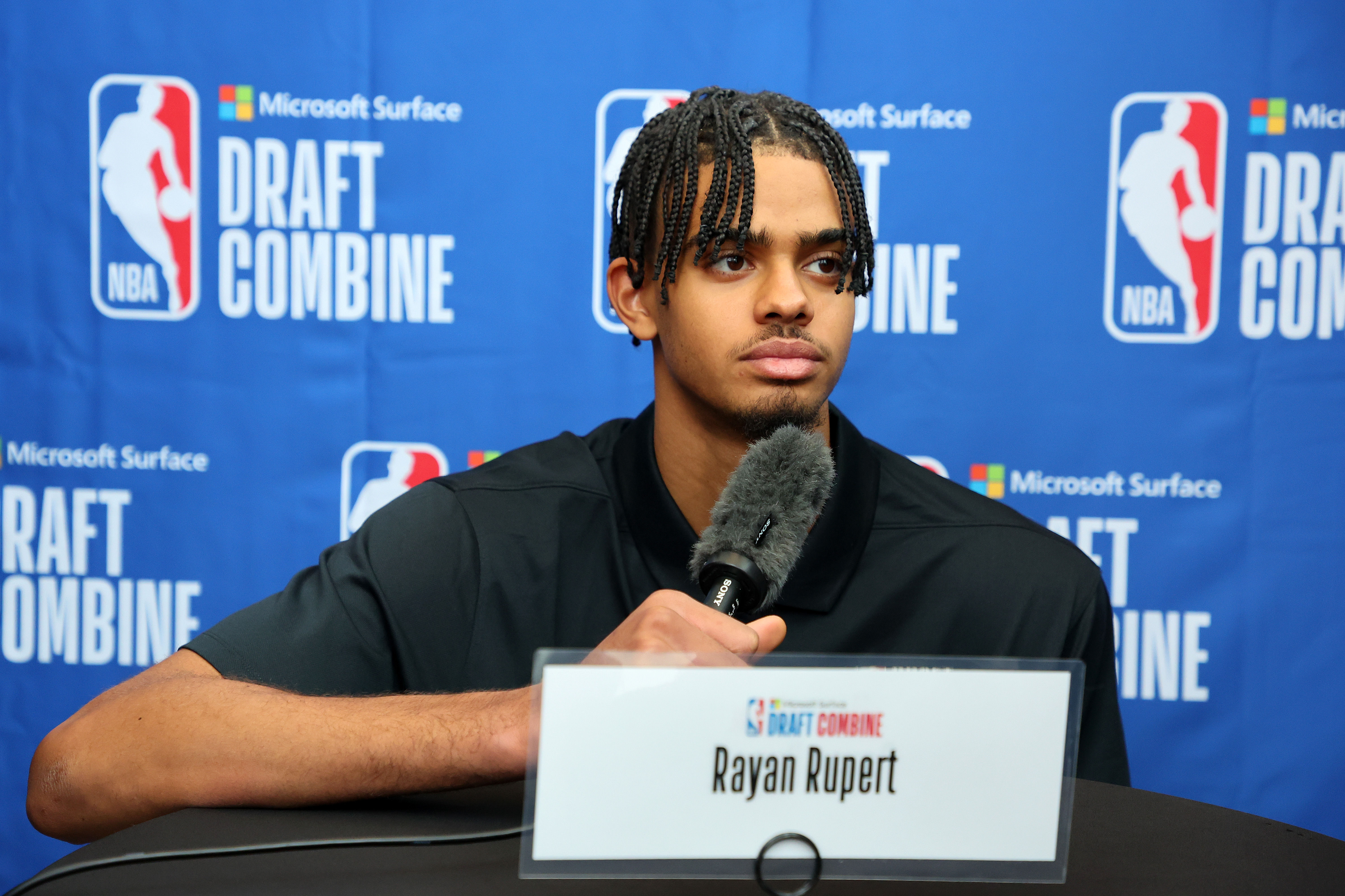 Rayan Rupert speaks with the media during the NBA Draft Combine