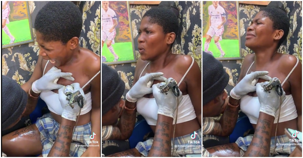 Photo of lady crying while getting a tattoo